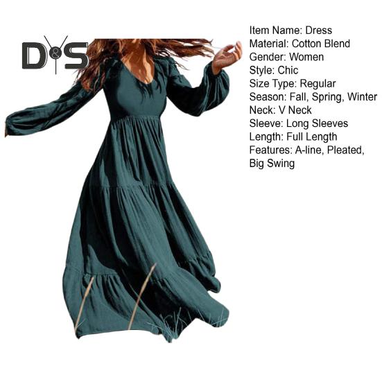 Women Spring Fall Dress Round Neck A-line V Neck Pleated Long Sleeves Solid Color Big Swing Dating Shopping Vacation Maxi Dress