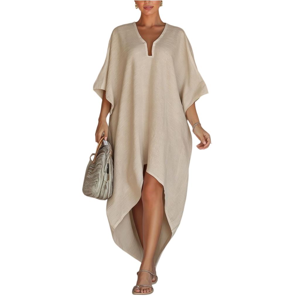 Loose Fit Beach Cover Up Dress Long Kaftan Robe with Pleated Design Vacation Wear Silk Feel Fabric Comfortable Lightweight