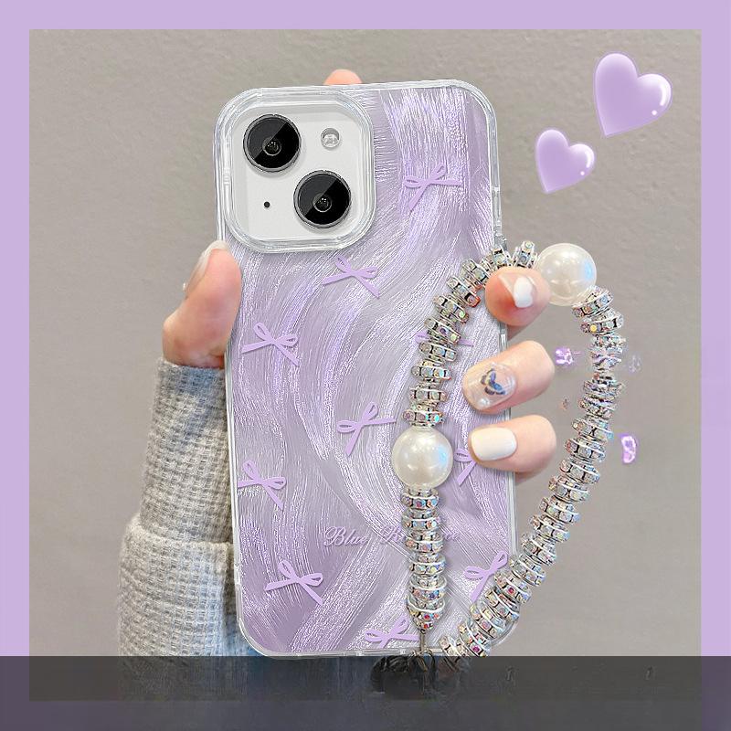 Suitable for Apple 15 Mobile Phone Case Summer Iphone14pro Purple Bow Bracket 13 Feather Yarn Chain 12/11