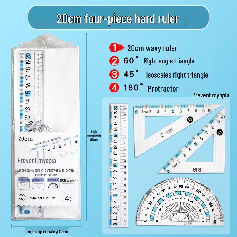 

Anti-Myopia Stationery Set: Ruler, Triangle, Protractor for Primary Students 20 cm
