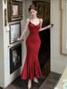 Sweet Spice Girl Robe Red Suspender Dress Birthday New Temperament Splicing Lace Waist Long Dress Fishtail Dress