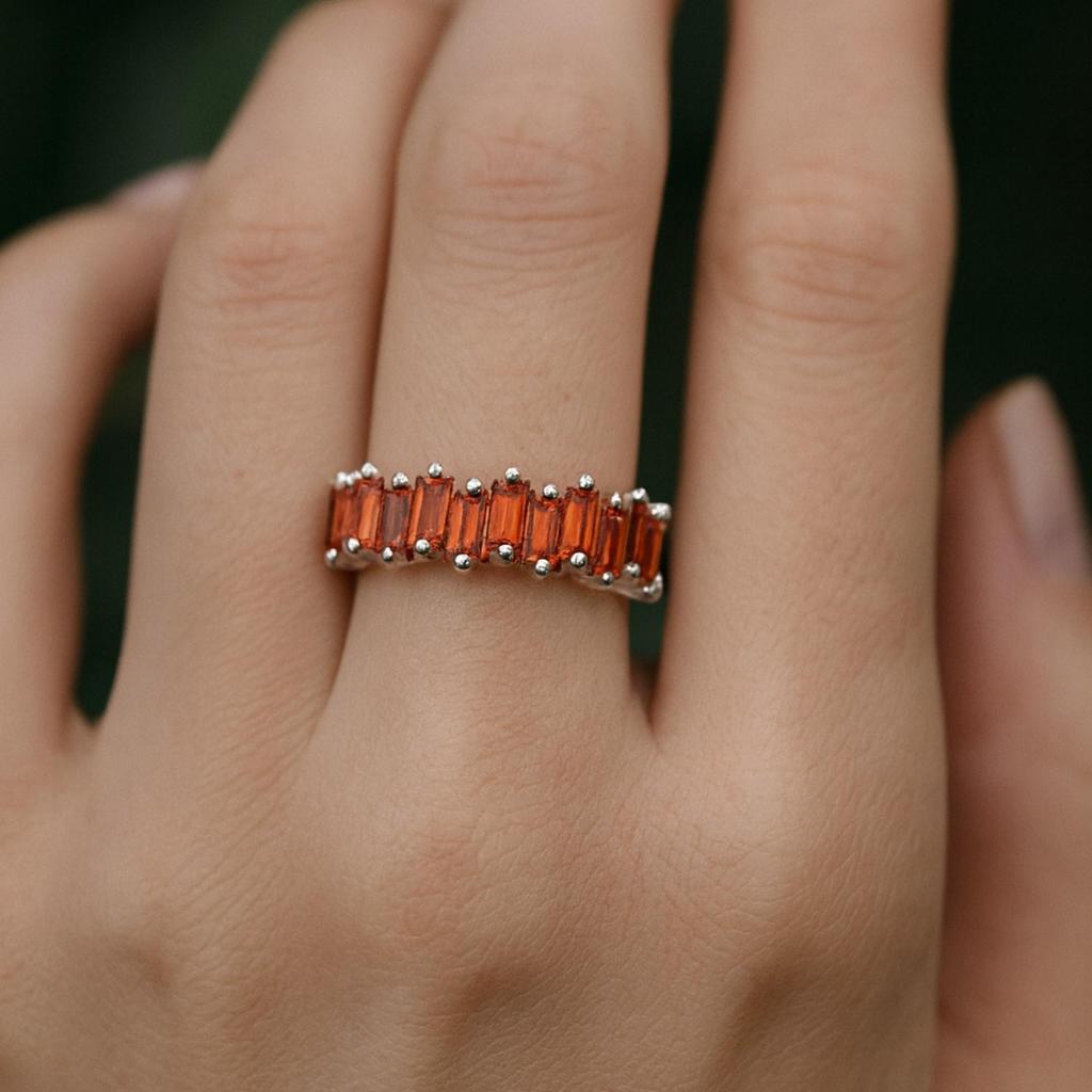 Yellow Gold Plated 925 Sterling Silver Garnet Eternity Band – Baguette Cut Red Stone Wide Statement Ring, Wedding & Anniversary Jewelry for Women