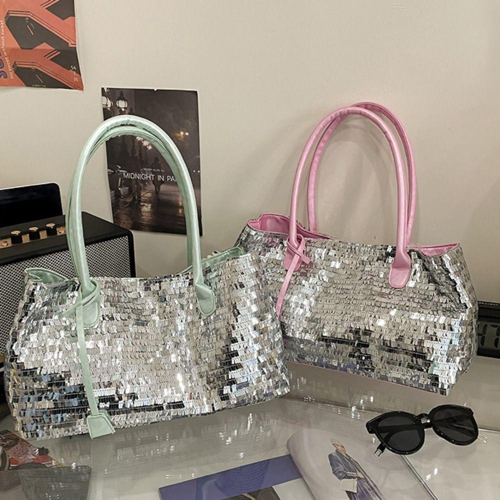 Simple Shiny Sequin Tote Bag Sequined Large Blingbling Handbag Underarm Bag Fashion Glitter Shoulder Bag Travel