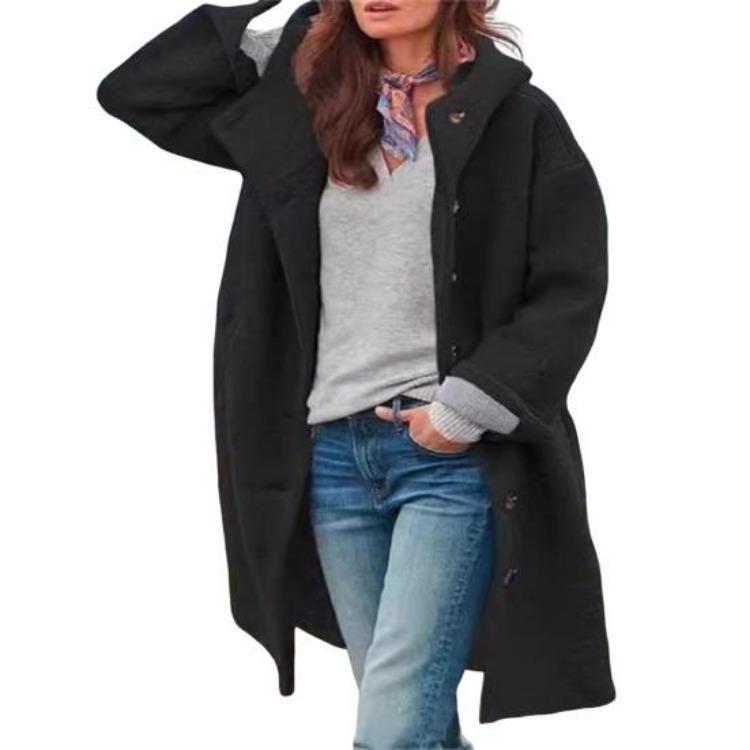 

Women Winter Coat Warm Windproof Hooded Overcoat Loose Thick Mid Length Windbreaker Long Sleeves Single Breasted Pockets Fall Daily Wear Solid Color M чёрный