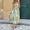 Summer New Style Light and Fresh Seaside Vacation Style Halter Dress with A Fitted Waist and Green Leaf Print Dress