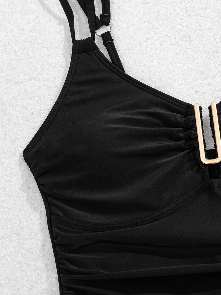 2025 European & American Solid Color Ruched Slimming One-Piece Bikini Swimsuit