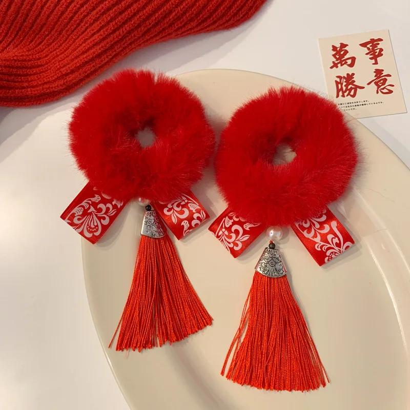 2PCS New Tassel Big Red Chinese-style Hair Accessories Cute Children’s Day And New Year Performances Imitation Rabbit Hair Loops