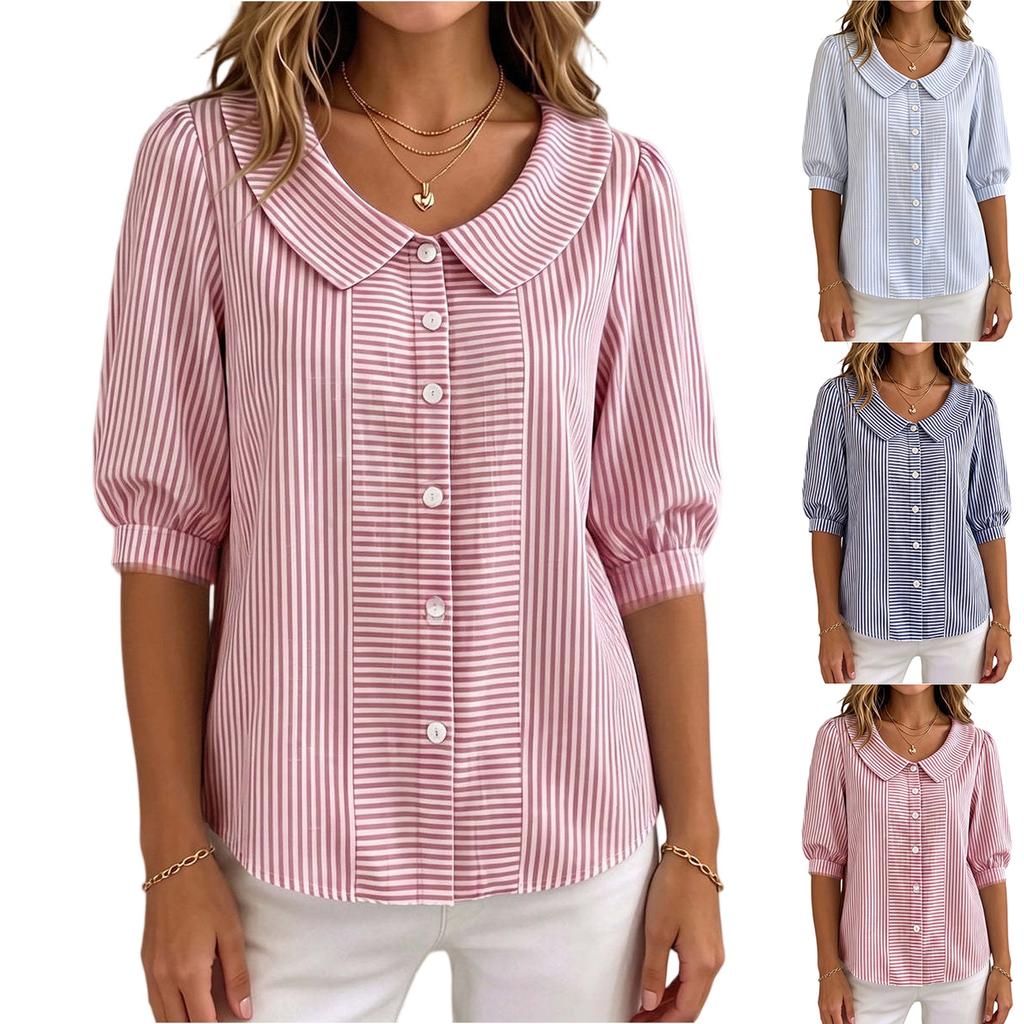 Women's Button Down Shirt Blouse with Peter Pan Collar Half Sleeve Striped Pattern Casual Office Wear Lightweight Fabric