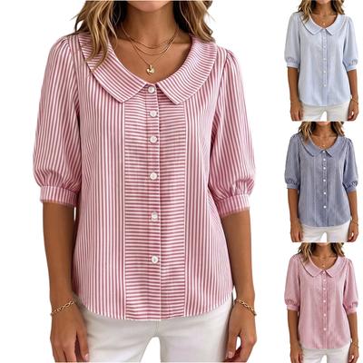 Women's Button Down Shirt Blouse with Peter Pan Collar Half Sleeve Striped Pattern Casual Office Wear Lightweight Fabric