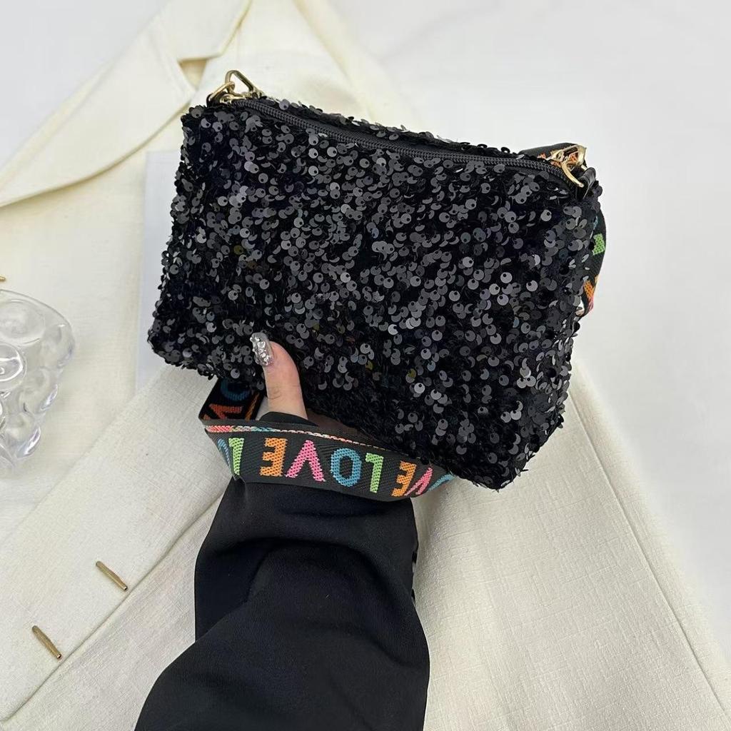 Yogodlns Luxury Women Sequins Wide Strap Shoulder Bag Fashion Shine Casual Crossbody  Bag Female Hip Hop Belt Bags Trend
