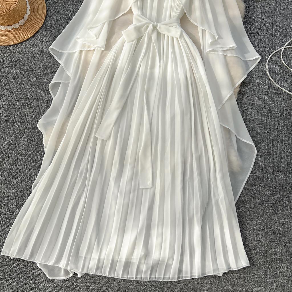 Elegante vestido largo plisado de gasa con cuello redondo, cordones y mangas estilo capa vintage para mujer, ropa de calle de moda