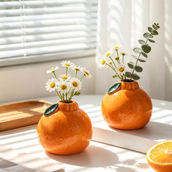 Dekorative Keramik-Knospenvase in Orangenform, Modernes Frucht-Design Kleiner Hydrokultur-Pflanzer für Zuhause, Zimmer, Büro, Tischdekoration