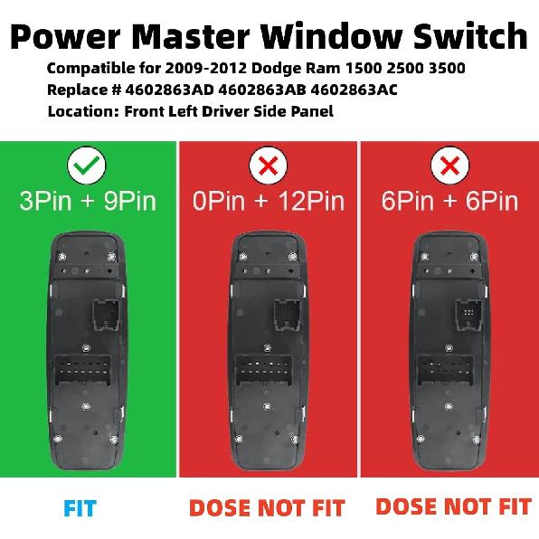 Driver Side Power Master Control Window Switch Replacement For 2009-2012 Dodge Ram 1500 2500 3500, OE Replace 4602863AD 4602863AB 4602863AC 901-473