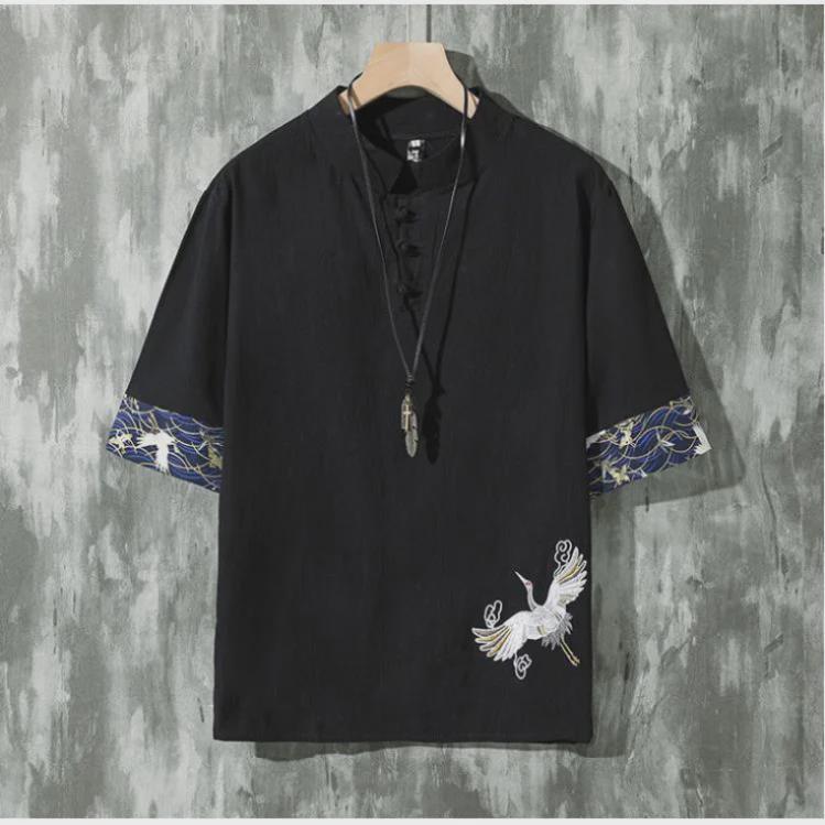 Men's Summer Crane Embroidered Linen T-Shirt - Loose Fit, Short-Sleeved, Trendy Chinese Style