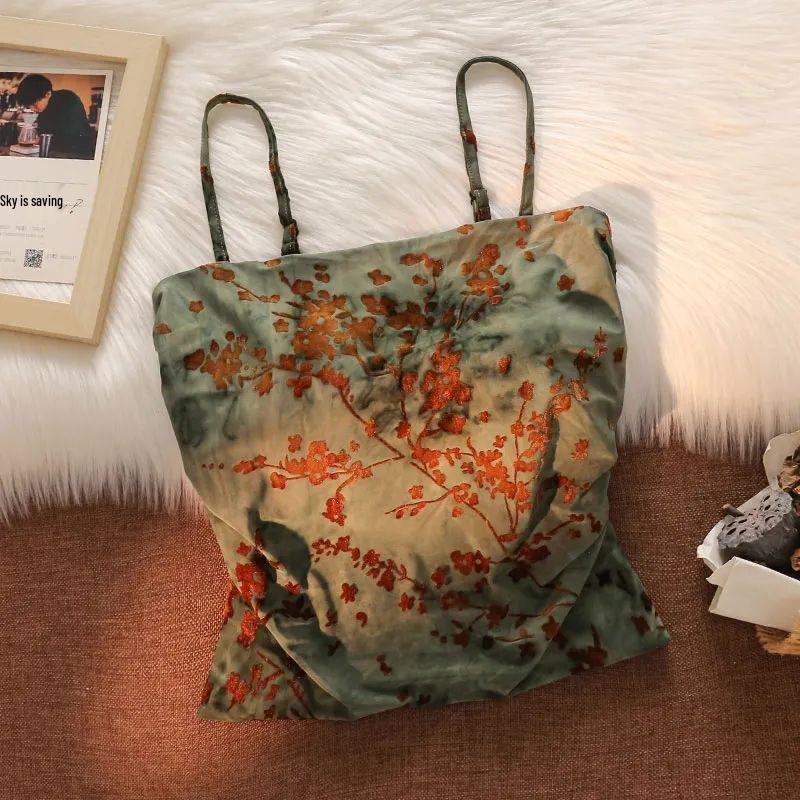 

Women s Retro Print Camisole - Chinese National Style Summer Chic Bandeau Top S (75-90 jin recommended) зелёный