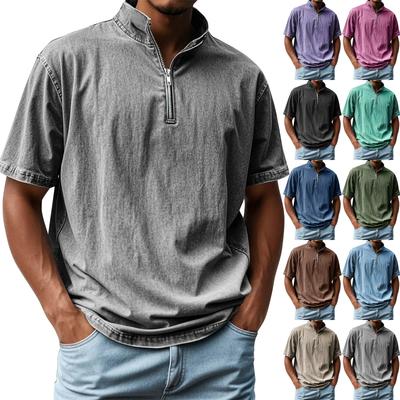 Herren Sommer Einfarbig Vintage Reißverschluss Revers Kurzarm Hemd Tops