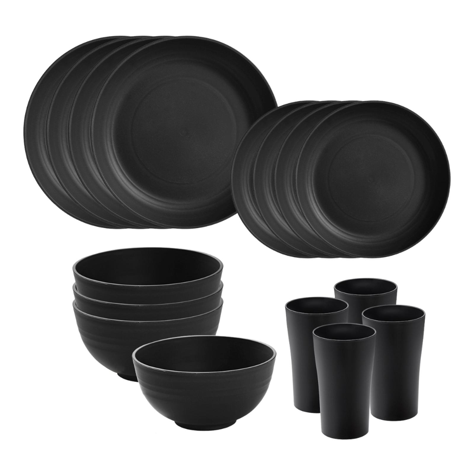 

Наборы посуды 16 шт. Круглый сервиз на 4 персоны Матовые минималистичные небьющиеся тарелки чашки для вечеринки, дома на колесах, кухни, домашнего хозяйства, кемпинга чёрный