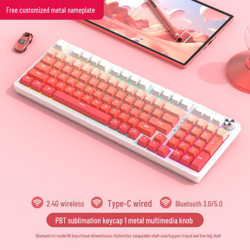 Tastatură mecanică de gaming wireless Bluetooth tri-mode cu 98 de taste și comutatoare personalizabile (Albastru, Negru, Ceai, Roșu) și design cu înlocuire la cald.