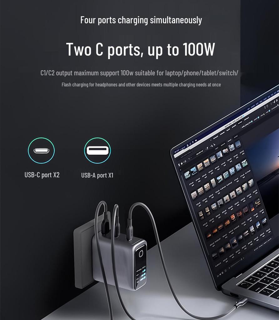 AI 100W Gallium Nitride Multi-Port Fast Charger for Laptops, Tablets, and Phones