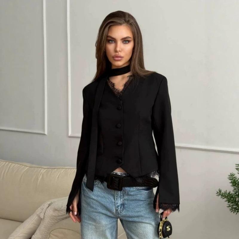 Elegant Lace V Neck Waist Cinched Slim Fit Women Blazer Outerwear