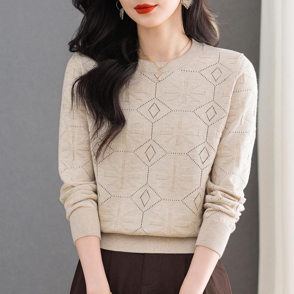 Women's Wine Red Versatile Round Neck Long Sleeve Knitted Sweater - Loose Fit and Slimming Fashionable Inner Wear