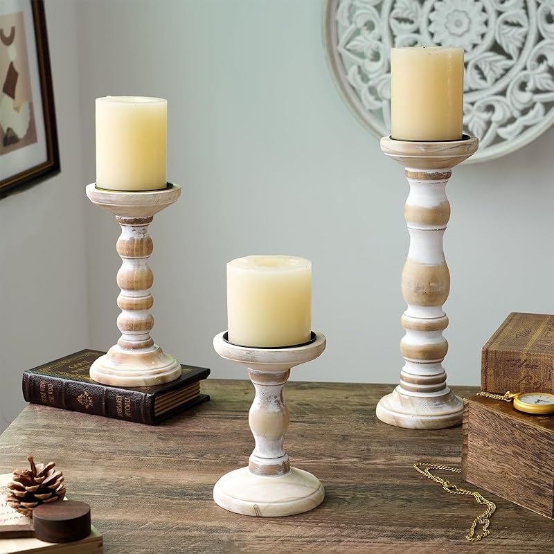 Wood Candle Holders for Pillar Candles - Tall Rustic Candle Holder (Set of 3), Large Farmhouse Candle Holders Candle Stand, Pillar Candle Holder Set 6 , 8 , 12