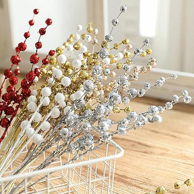 Christmas Tree Stems Artificial Glitter Berry Stem 15.75in Fake Glitter Berry Stem Ornaments Home Decor For Christmas Tree