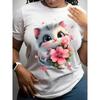 Womens Cute Cartoon Kitten Floral Print T Shirt Soft Breathable Short Sleeve Round Neck Lightweight Casual Summer Top Playful Design Comfortable