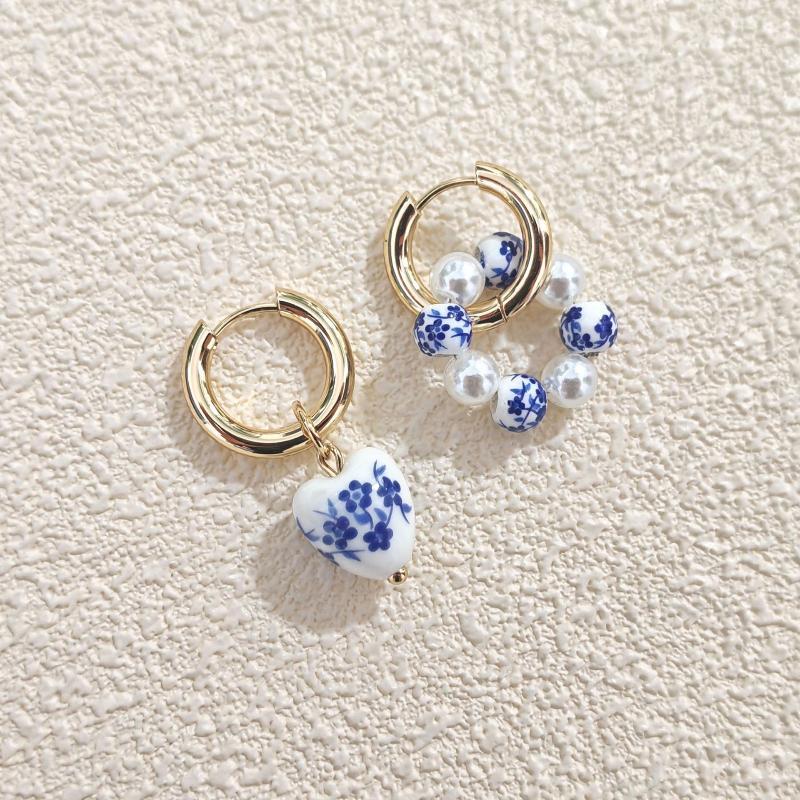 1 Pairs Chinese Style Imitation Blue And White Heart Ceramic Pendant Earrings Stainless Steel Ear Buckle Accessories