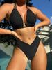 Women's Swimsuit Solid Color Sexy Triangle Bag Halter Neck Exposed Back Tie High Waist Bikini Beachwear Bathing Suits 7 Colors