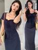 Summer new French square neck pleated bow dress women's summer royal sister spice girl hip-wrapped fishtail dress