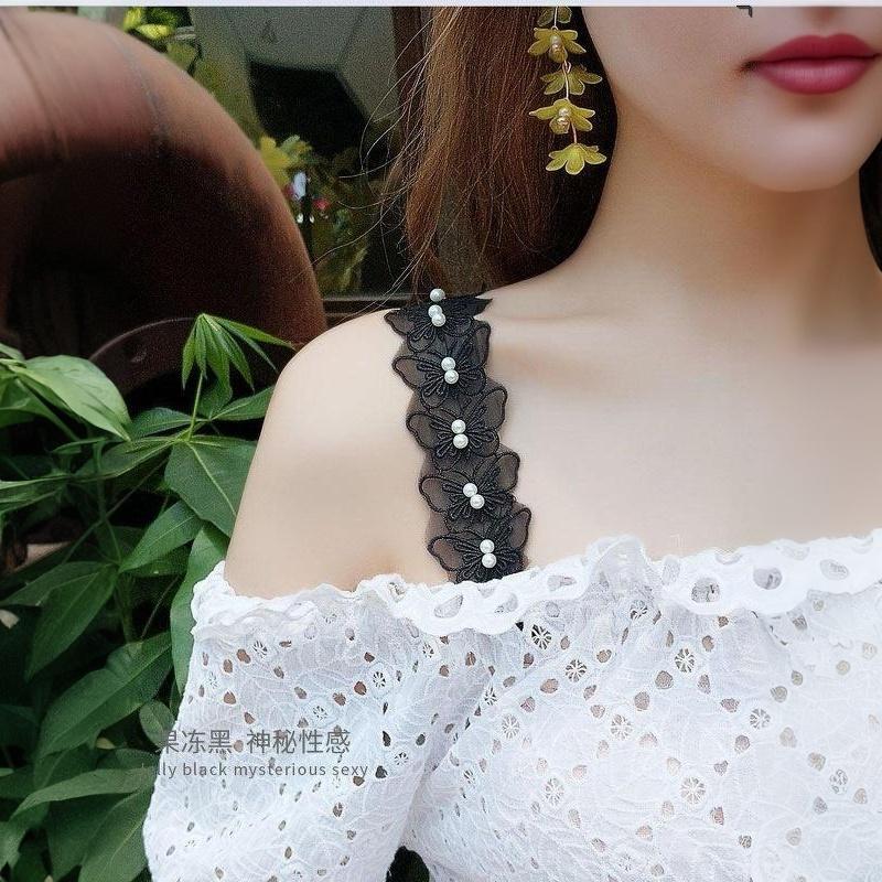 Lace Butterfly Bra Straps 1 Pair Faux Pearl Adjustable Buckle Non-slip for Backless Cocktail Dress Party