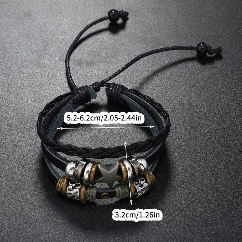 Multi Layer Leather Bracelet Adjustable Star Beaded Bangle for Women Men
