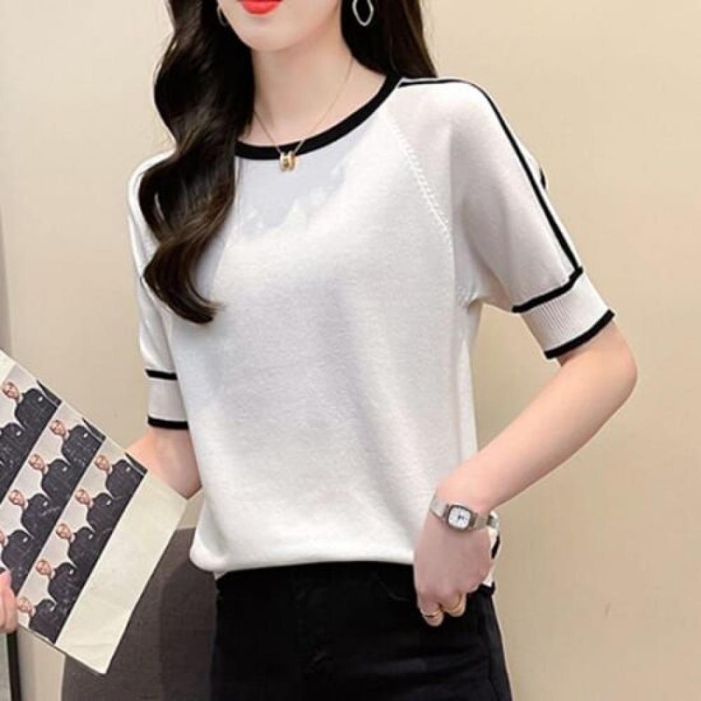 Navava Nk2130 Solid Color Contrast Round Neck Short Sleeve Knit