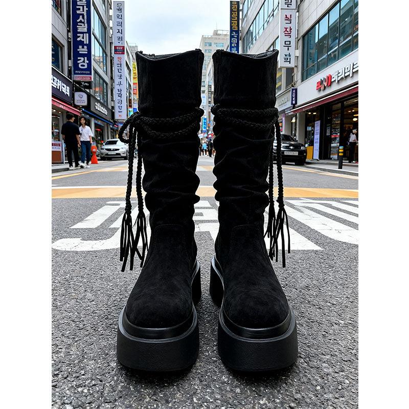 Wasteland Wind Fringed Woven Thick-soled High Knight Boots Women's Small Men Heightened Folds Piled Up But Knee Boots