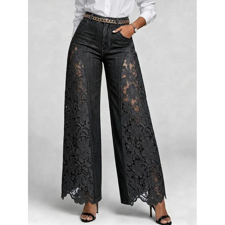 Lace Spliced Denim Pants Elegant Hollow Out Jeans Women Flower Embroidery High Waist Straight Loose Trousers Office Lady Pants