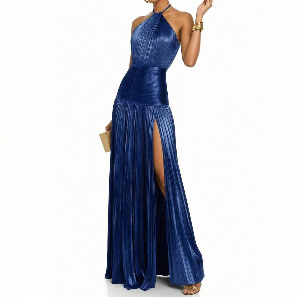 2026 Spring European and American Pleated Long Dress with High Waist Slit for Women