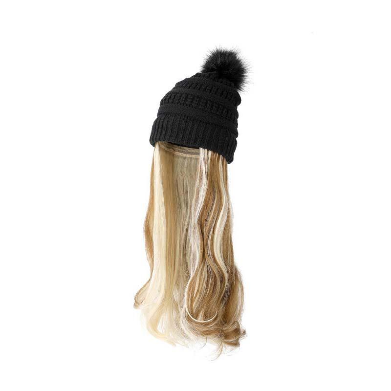 Autumn Winter New European American Women's Long Curly Hair Big Wave Hat Solid Color Knitted Yarn Wig Diagonal Bangs