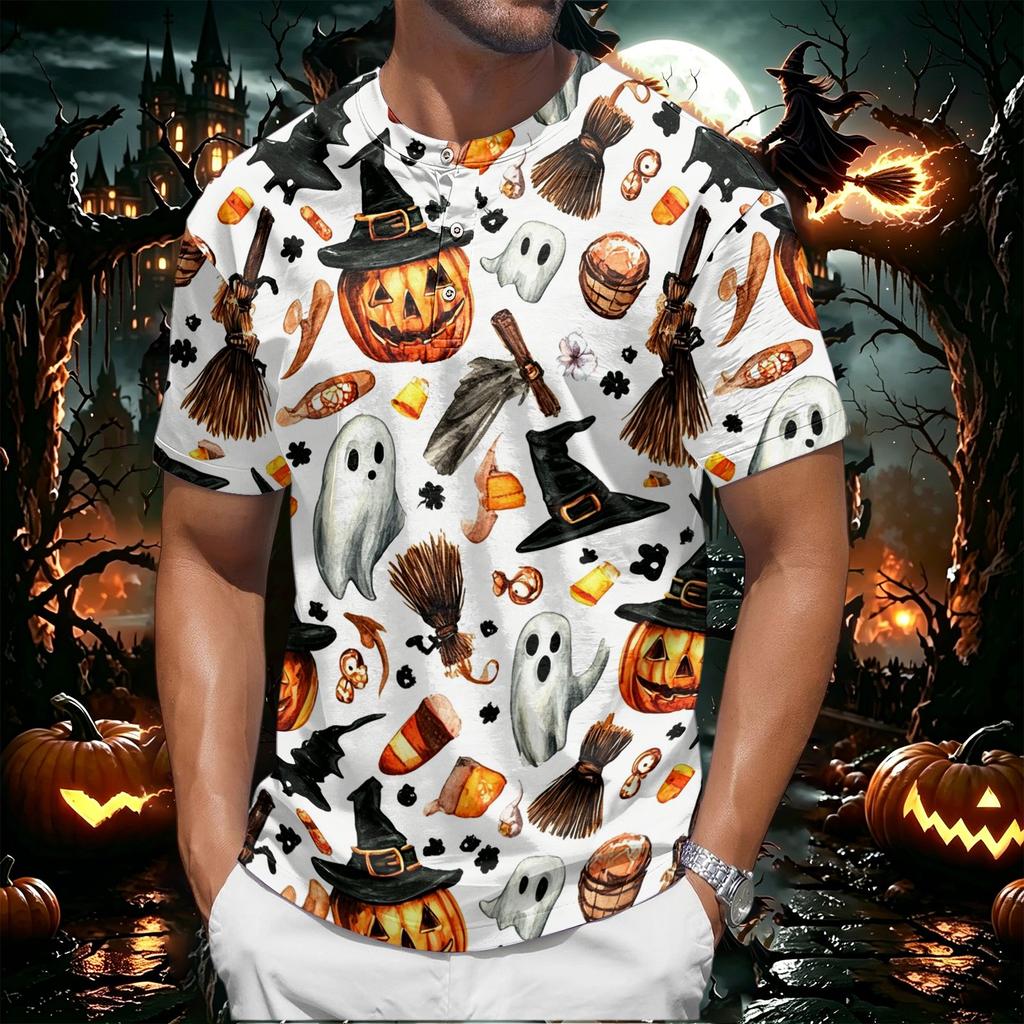 Men's Halloween Print Short Sleeve Henley Shirt Casual Round Neck Button Up Top for Seasonal Wear