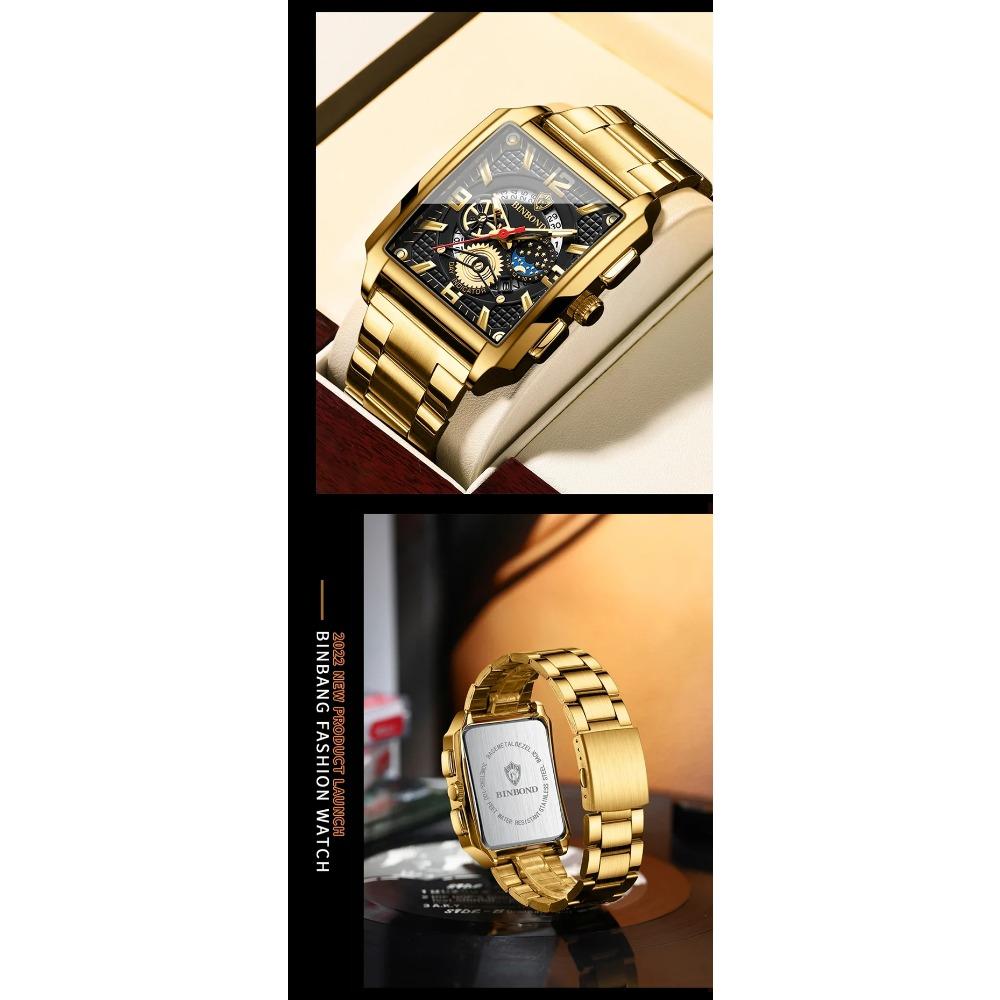 BINBOND Classic Men Watches Square Type Watch for Man Quartz Movement Stainless Steel Waterproof Luminous Date Trend Watch