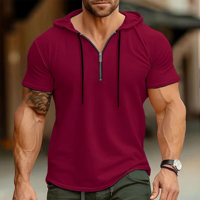 Summer New Men's Hooded Sports Fitness Versatile Casual Short Sleeved T Shirt