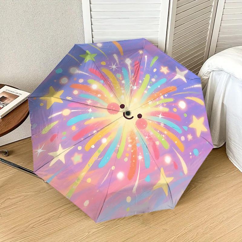 Rainbow Fireworks Happy Face Umbrella: Automatic Opening & Closing, Outdoor Protection, Lightweight Travel Accessory, Durable Gift for Any Occasion