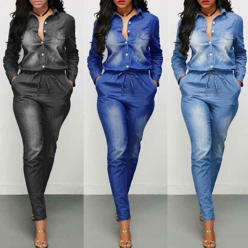 

Женский модный повседневный джинсовый комбинезон с длинными рукавами, длинные брюки, тонкий осенний джинсовый комбинезон