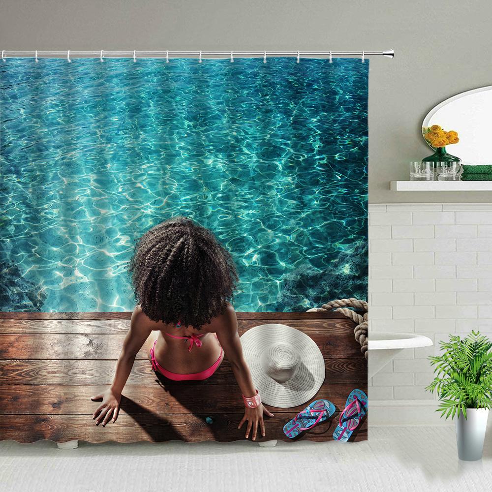 Sonnenlicht Strandmädchen Palme Surfbrett Landschaft Duschvorhänge Sexy Frau 3D-Druck Schicker Vorhang Badezimmerdekor Mit Haken
