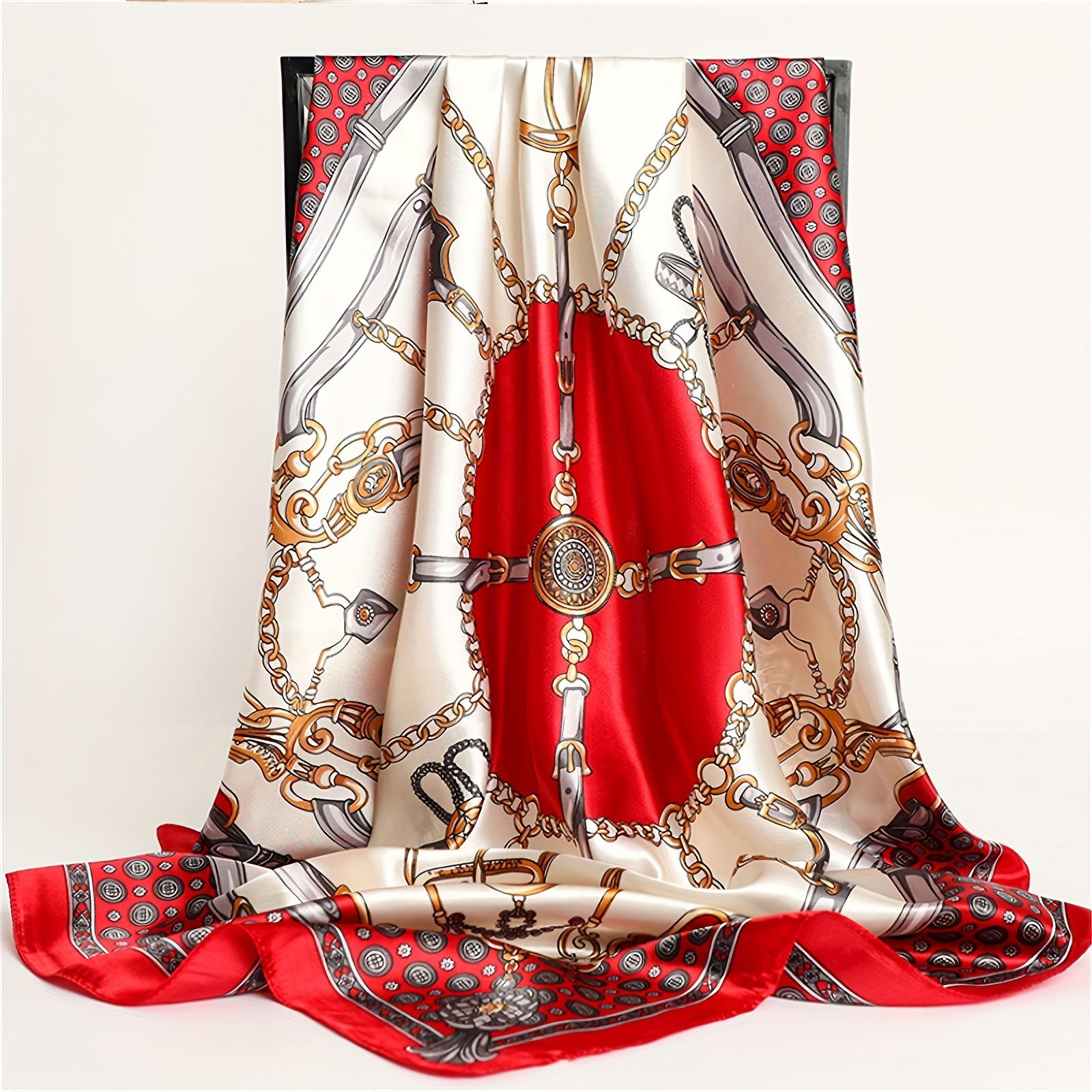 

Новый квадратный хиджаб-шарф с принтом цепочки 2024, стильный тонкий атласный платок, элегантный стиль, солнцезащитный головной убор для женщин 90x90cm