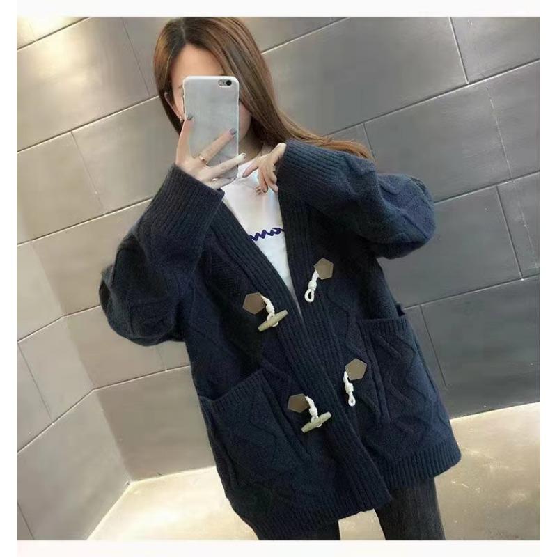 

Autumn and winter new knitted cardigan jacket women s versatile loose lazy style casual medium and long sweater women One size чёрный