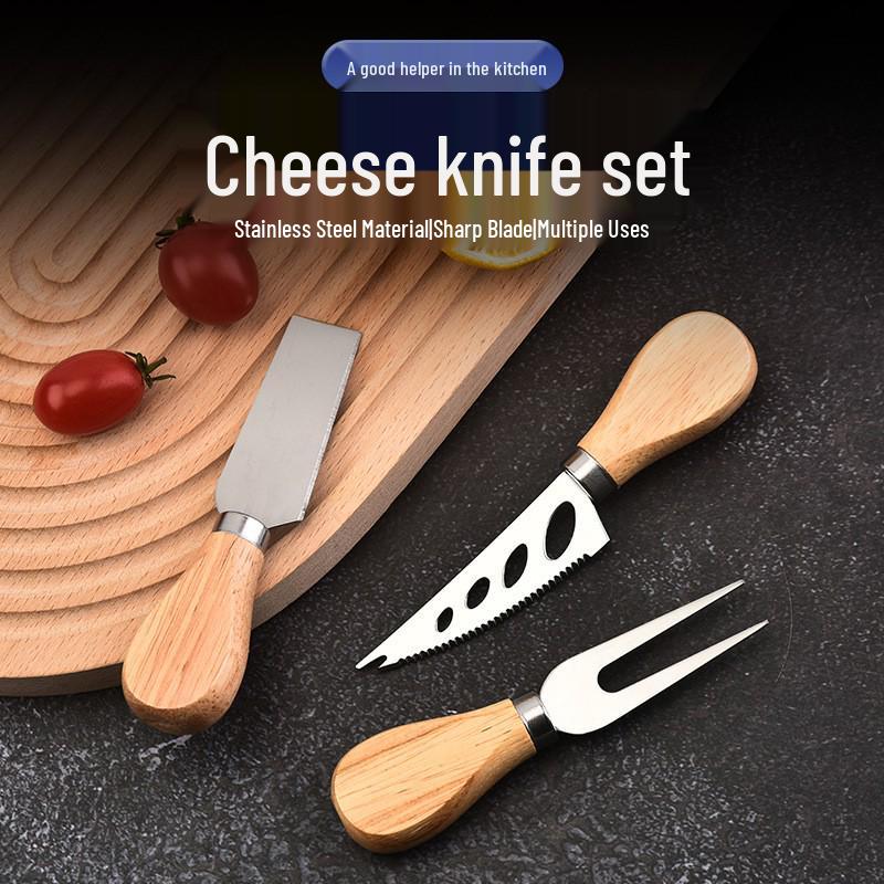 Stainless Steel Cheese Knife & Cutter Set (6 pcs) with Wooden Handles - Includes Butter & Pizza Cutters, Baking Tools