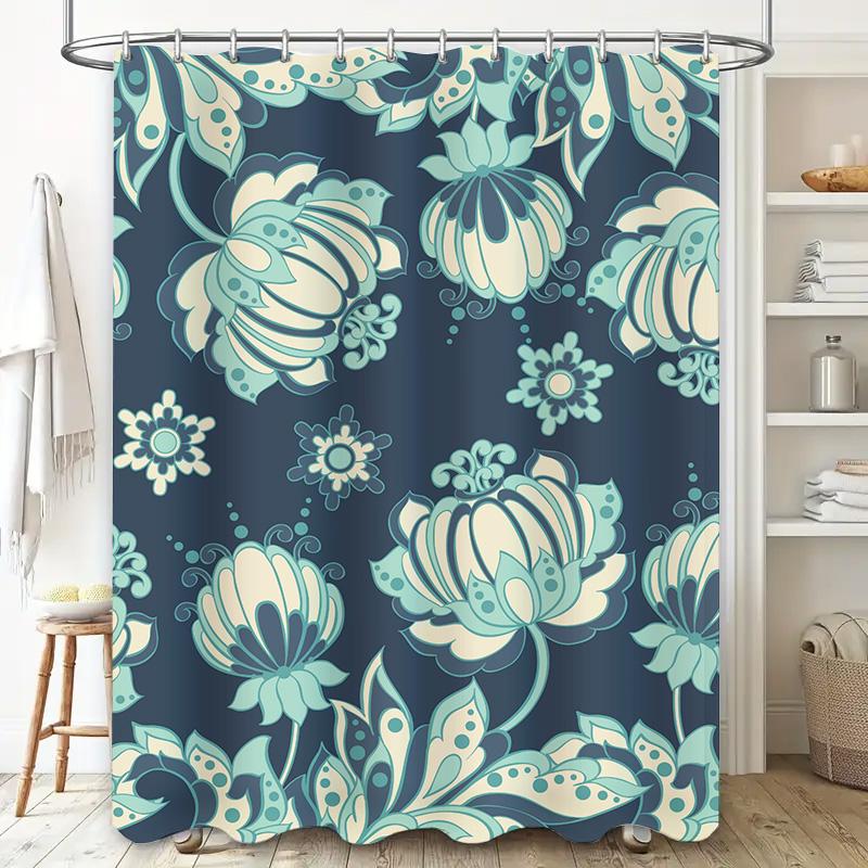 Modern Blue Floral Shower Curtain Set Waterproof Fabric Printed Decorative Home Bath Bathroom Decoration for Kids, Adults Senior