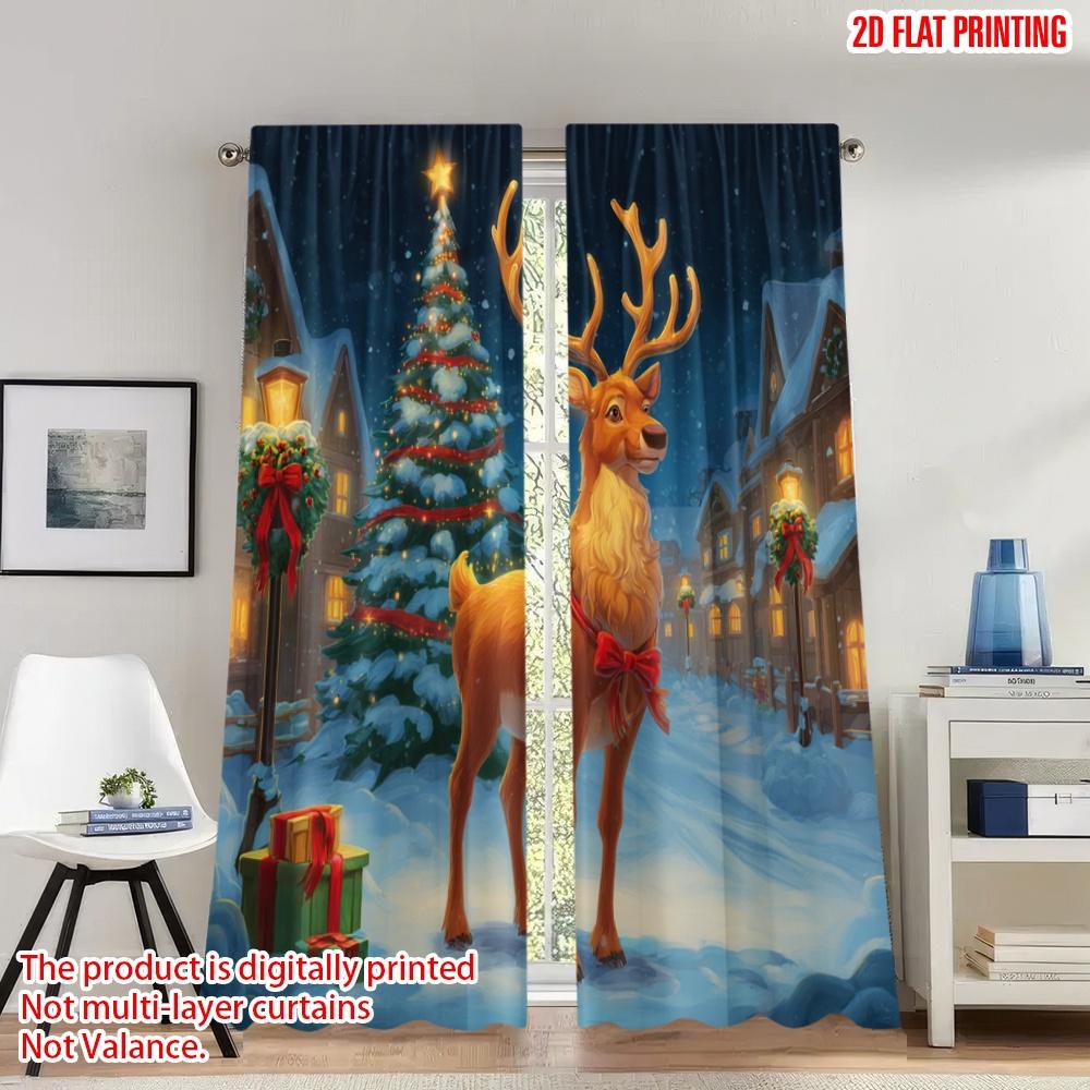 

Flat Printing Merry Christmas Curtains Reindeer Snowy Village Digital Printed Polyester Drapes Party Holiday Curtain Set Of 2 Made Washable W100*H70(CM)-Grommet top&2PCS