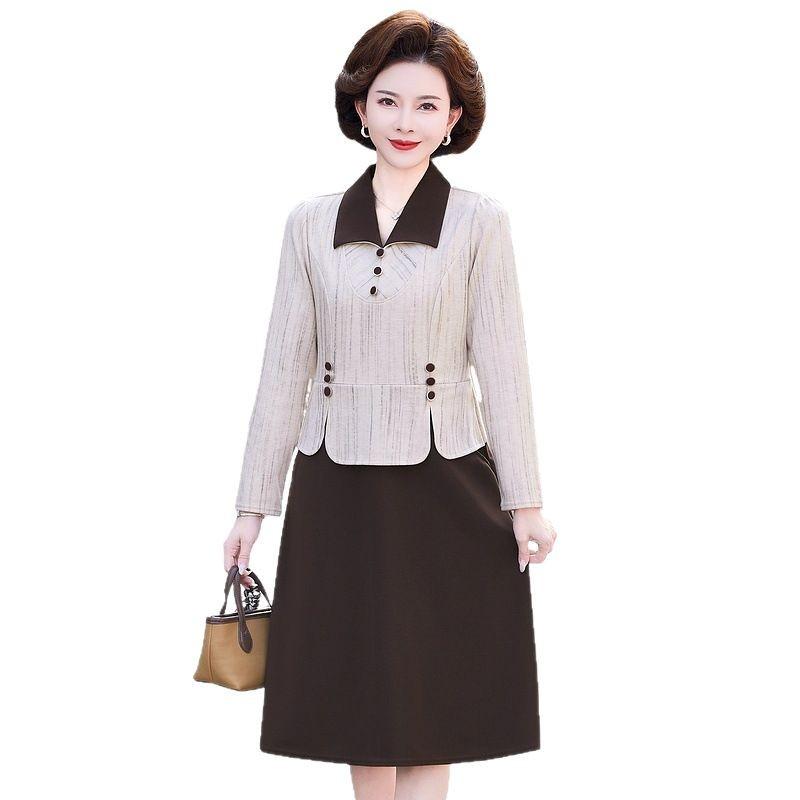 Spring & Autumn 2025 Women's Petite Shirt Collar Dress for Middle-Aged and Elderly - Fake Two-Piece Design